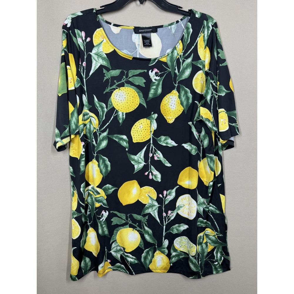Ashley Stewart Shirt Womens 18/20 Black Lemon Print Stretch Rhinestone Summer